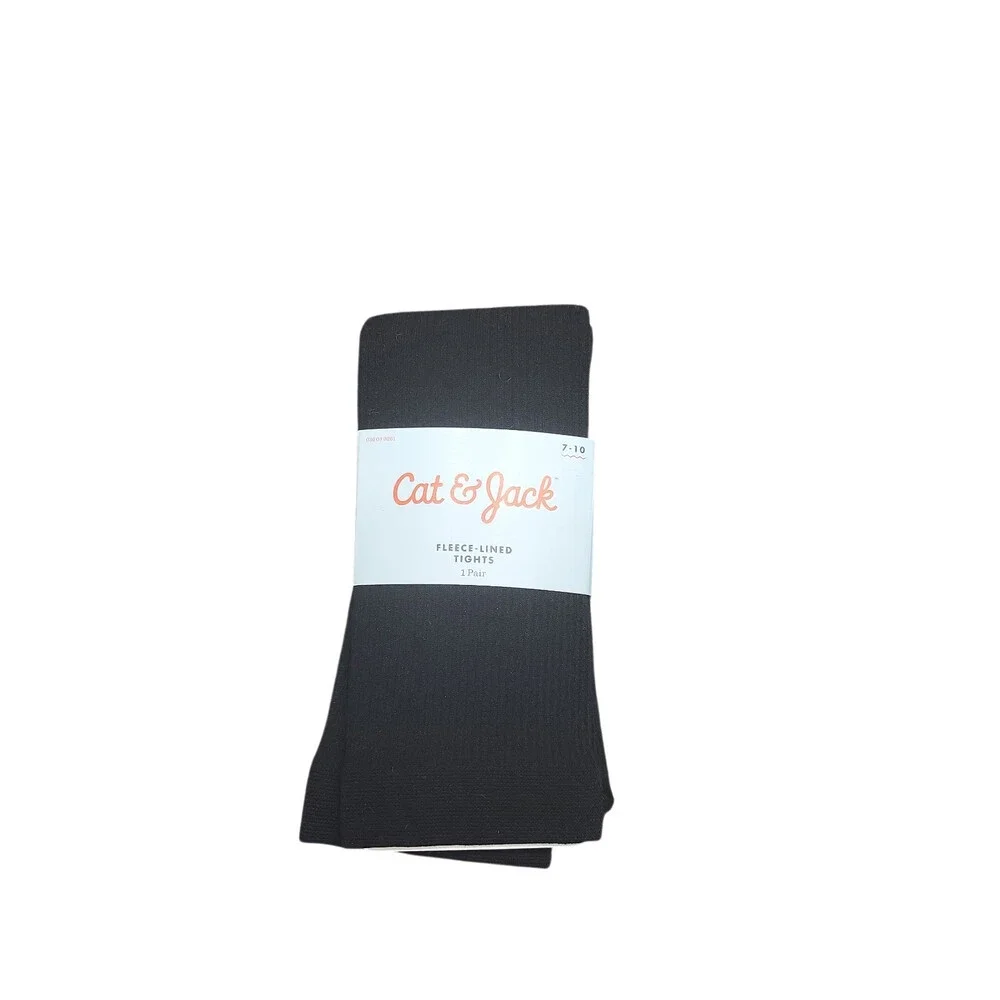 Cat & Jack Girls' Fleece Lined Ribbed Footless Tights Black Size 7-10